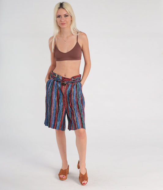 90s Striped Wide Leg Shorts High Waist Bermuda Rayon Green Blue Red Medium