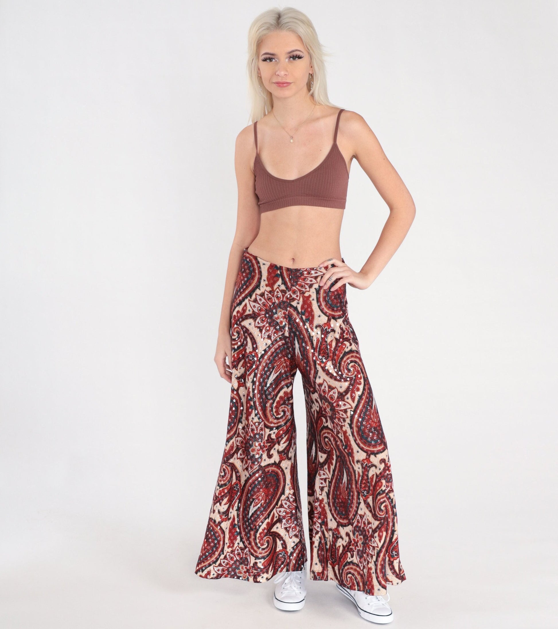 70s Paisley Metallic Bell Bottom Pants High Waisted Red Cream Small