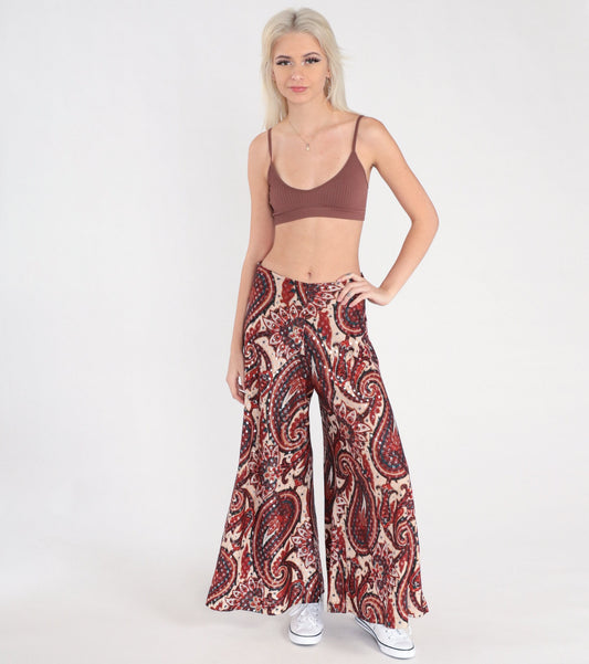 70s Paisley Metallic Bell Bottom Pants High Waisted Red Cream Small