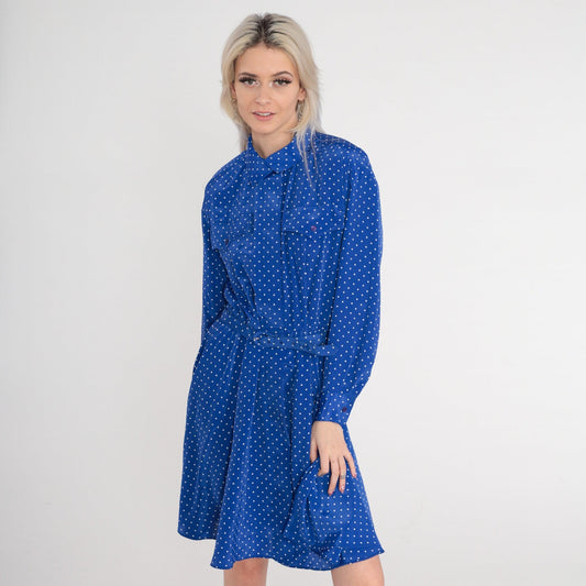 1970s Blue Polka Dot Mini Dress Button-Up High Waist Belt Long Sleeve Medium