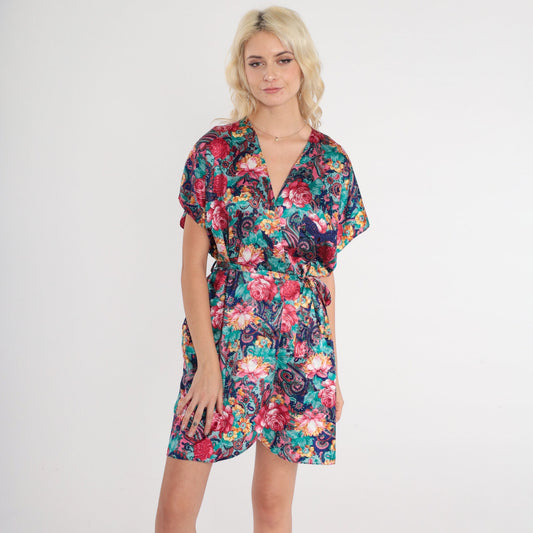 90s Floral Paisley Kimono Robe Mini Tie Front Satin Medium M