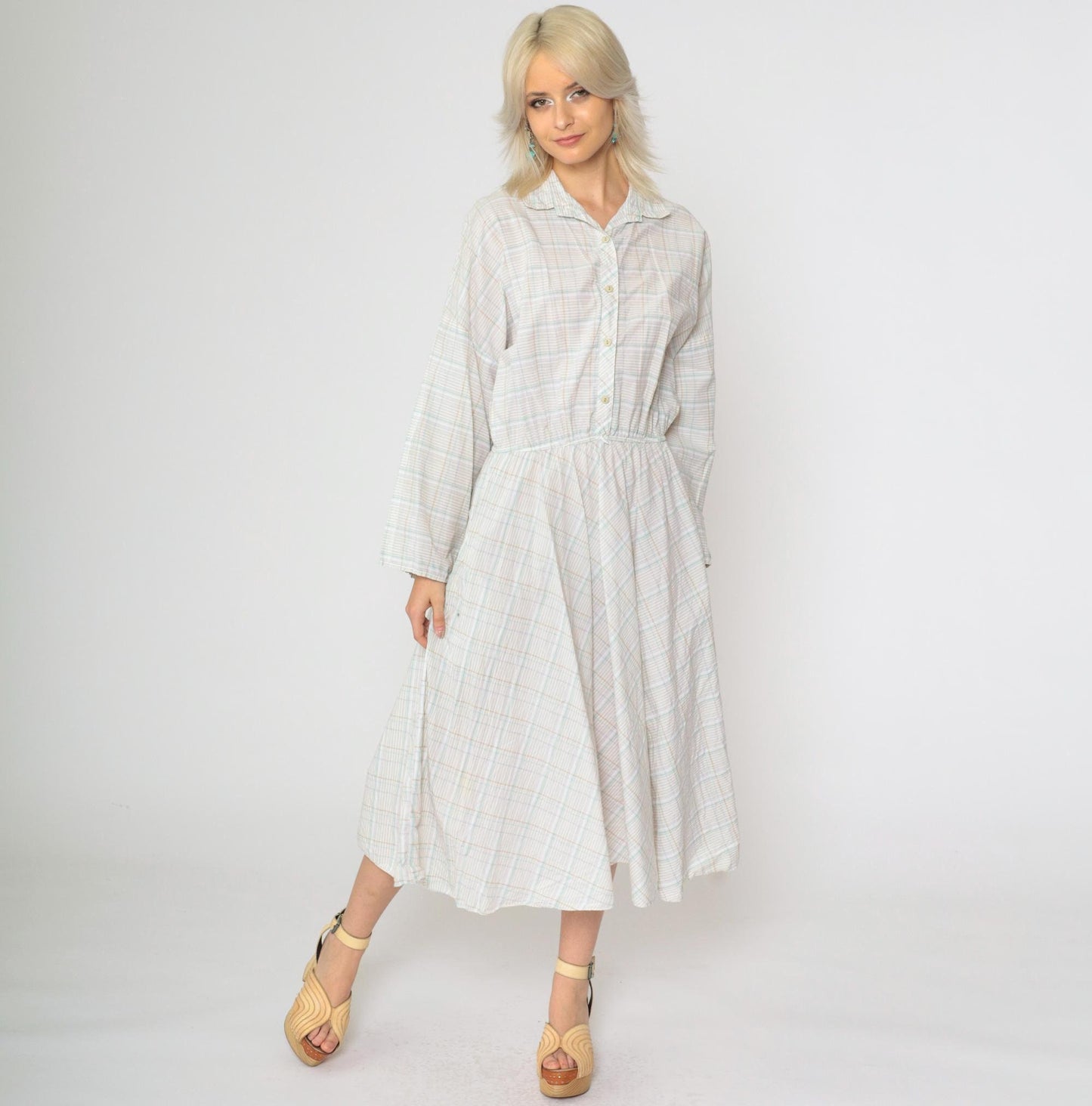 80s American Shirt Dress Plaid Midi Button-Up White Tan Aqua Cotton Medium Large