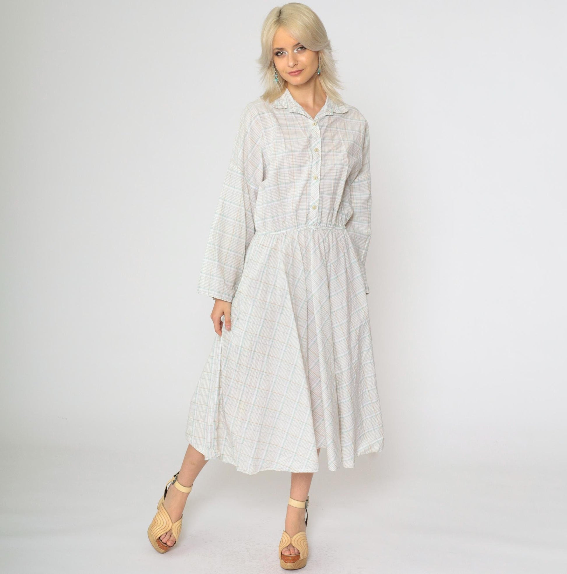 80s American Shirt Dress Plaid Midi Button-Up White Tan Aqua Cotton Medium Large