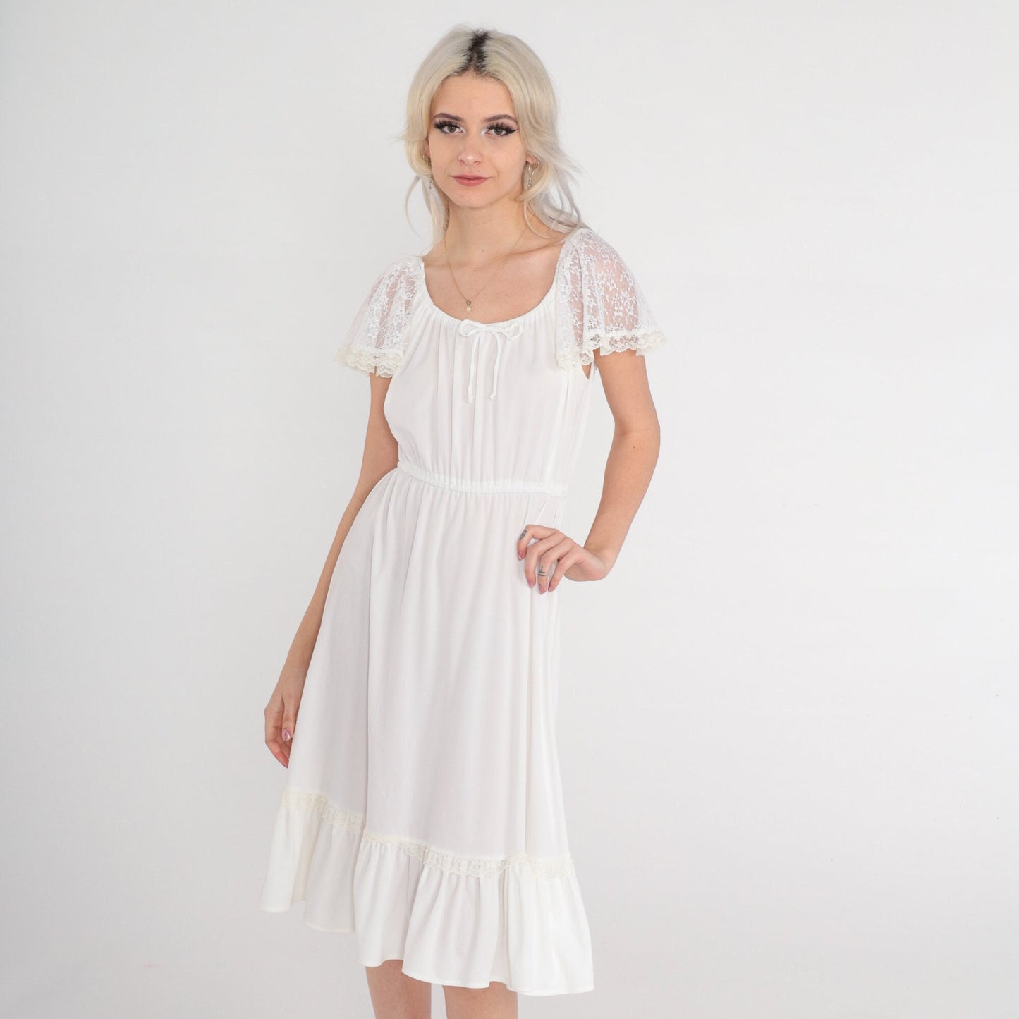70s White Lace Flutter Sleeve Midi Dress High Waist Elastic Neckline Small Medium