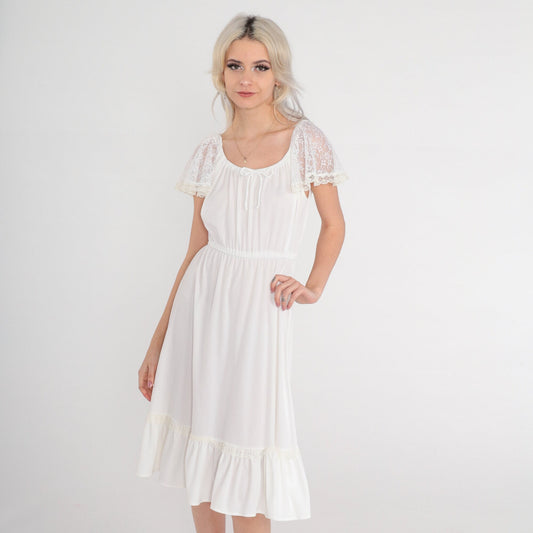70s White Lace Flutter Sleeve Midi Dress High Waist Elastic Neckline Small Medium
