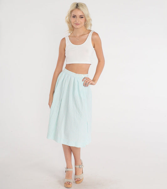80s Striped Midi Skirt Baby Blue White Pinstripe Pleated High Waist Cotton Extra Small