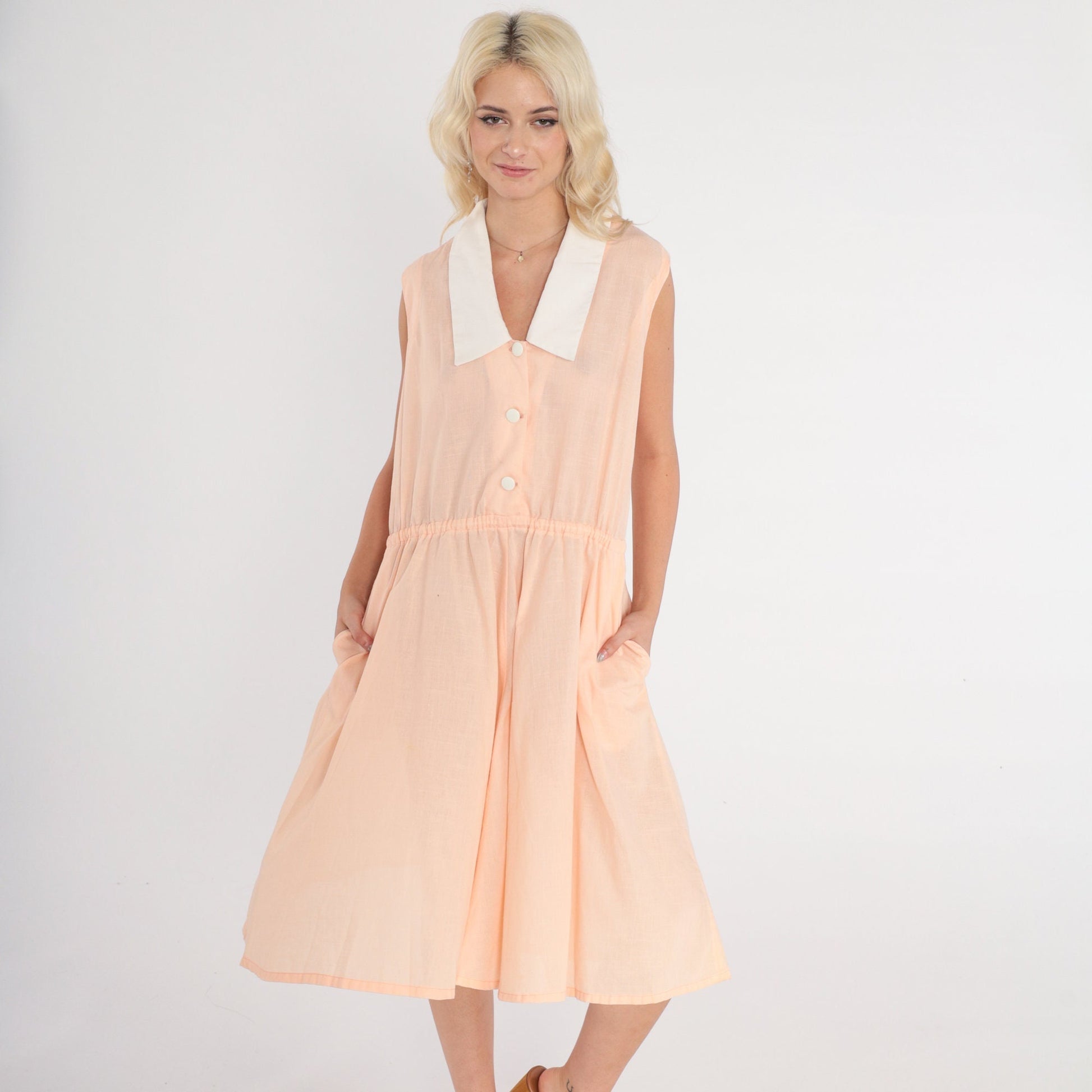 70s Peachy Pink Shirtwaist Dress Sleeveless Midi Collared Button-Up Medium