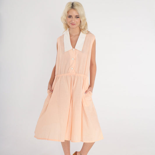 70s Peachy Pink Shirtwaist Dress Sleeveless Midi Collared Button-Up Medium