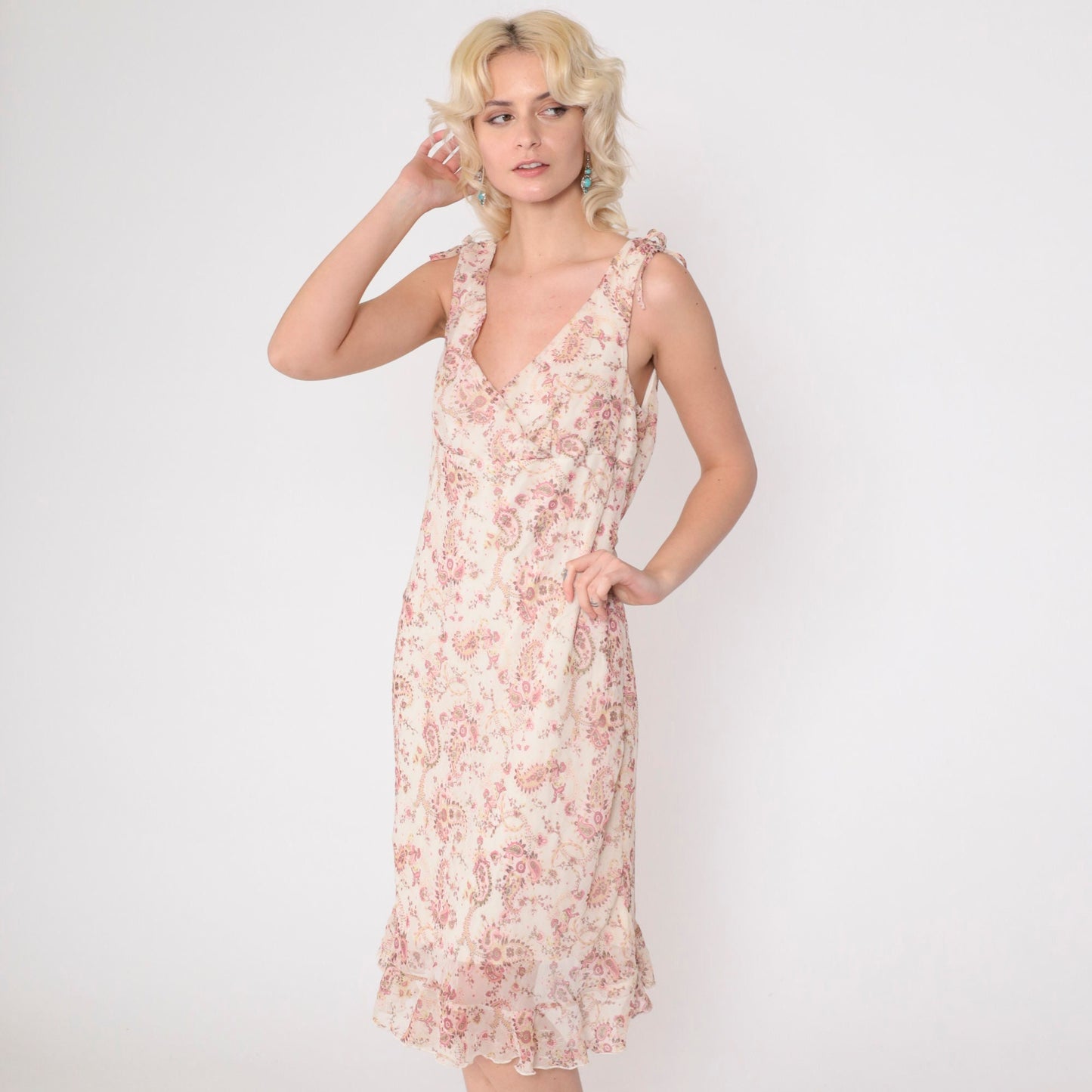 Y2K Paisley Chiffon Midi Dress Off-White Pink Empire Waist Surplice Medium
