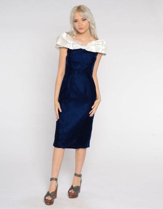 80s Blue Velvet Midi Dress Off-Shoulder Bow Pencil Small S
