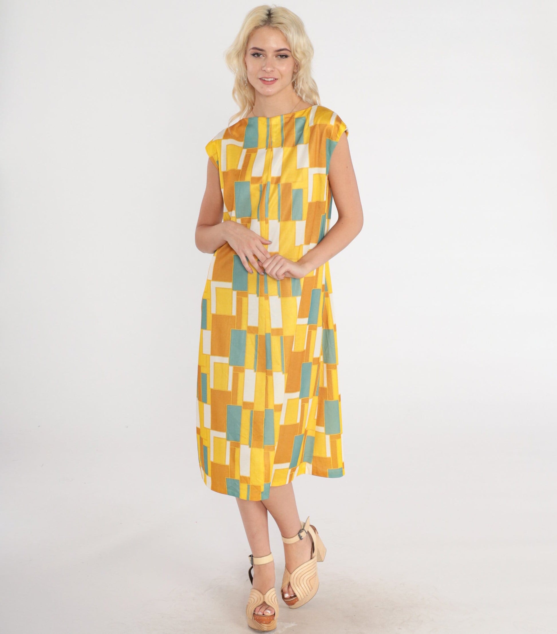 70s Mod Geometric Yellow Midi Dress A-Line Cap Sleeve Medium M