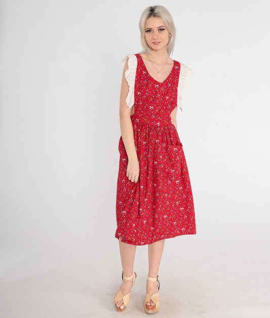 80s Red Eyelet Apron Dress Christmas Print Teddy Bears Trains Medium M