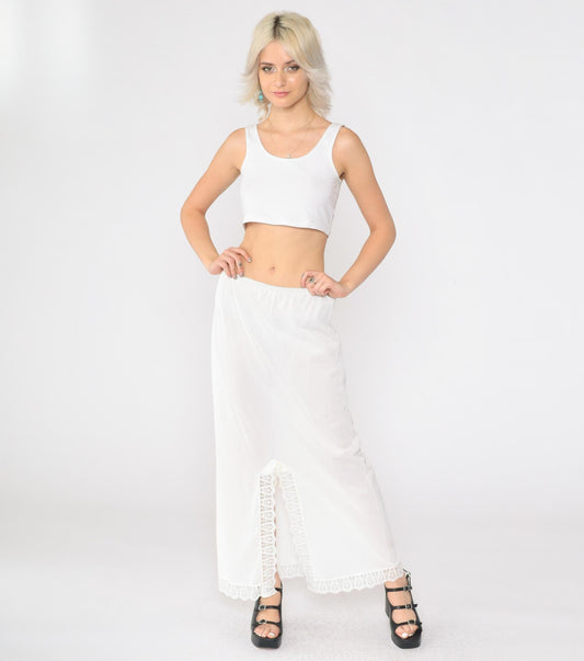 70s White Lace Slip Skirt Semi-Sheer Front Slit Maxi Medium Large