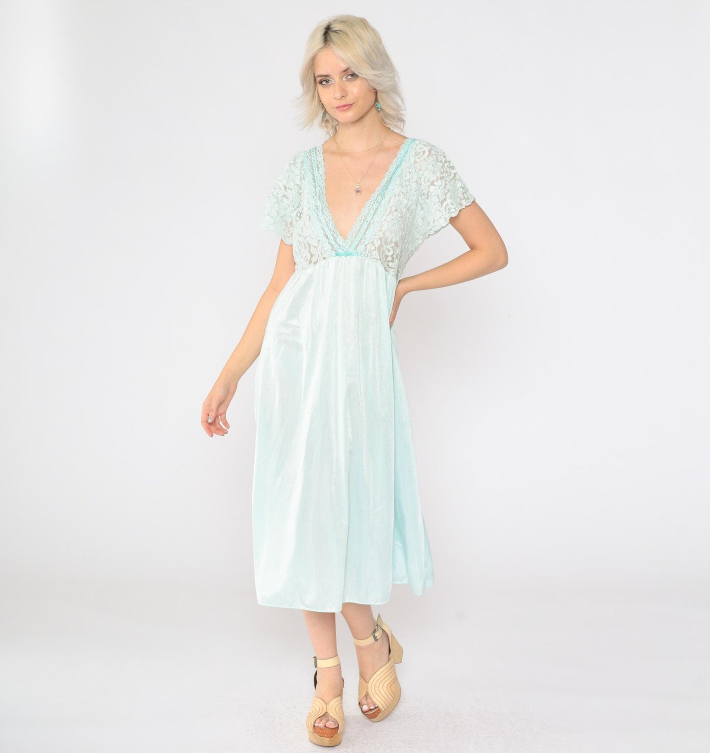 80s Aqua Lace Slip Dress Sheer Flutter Sleeve Nightgown Medium