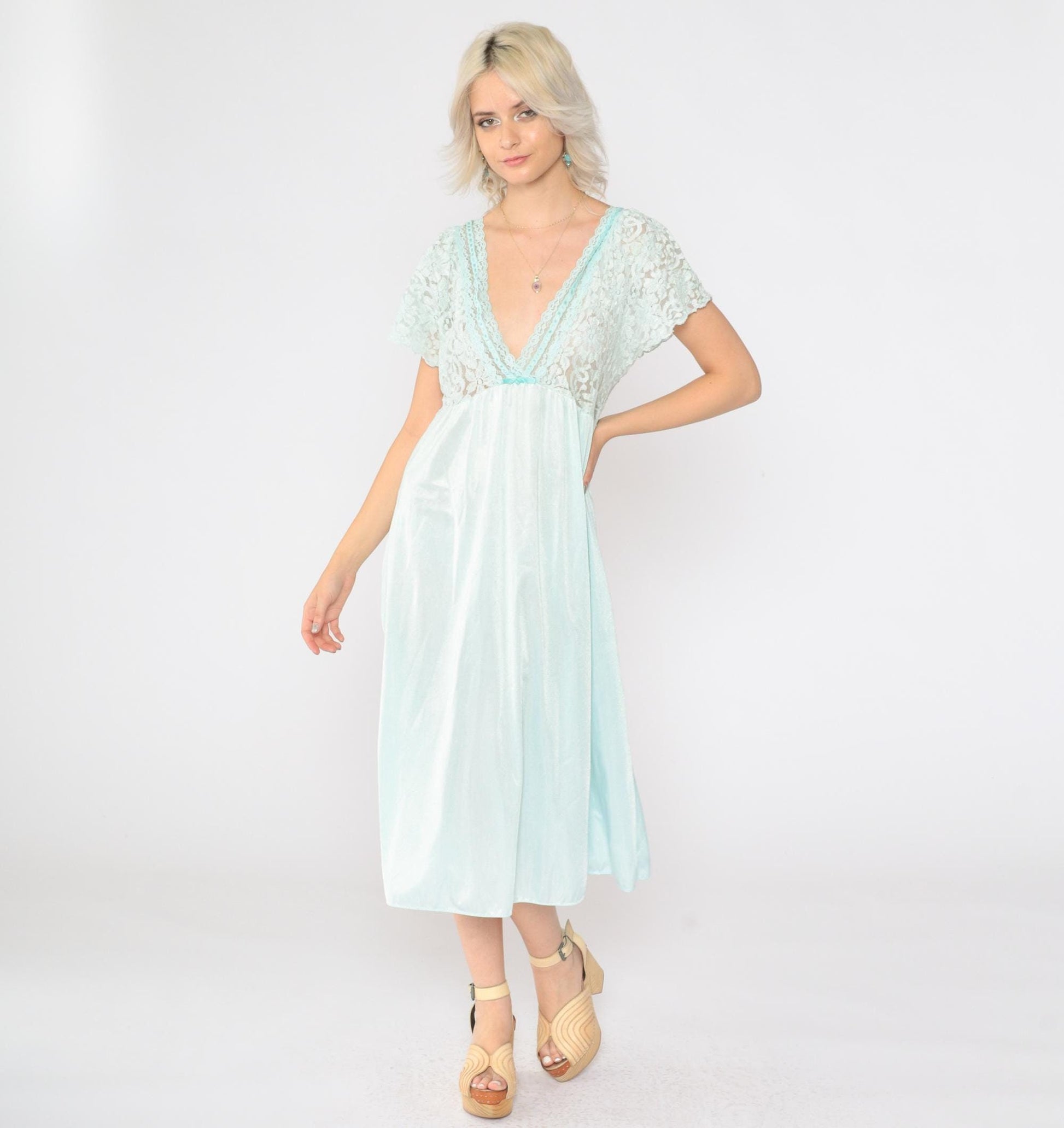 80s Aqua Lace Slip Dress Sheer Flutter Sleeve Nightgown Medium
