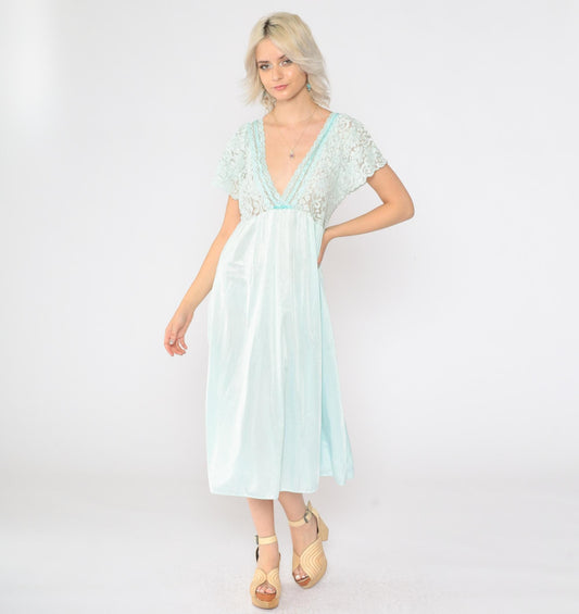 80s Aqua Lace Slip Dress Sheer Flutter Sleeve Nightgown Medium
