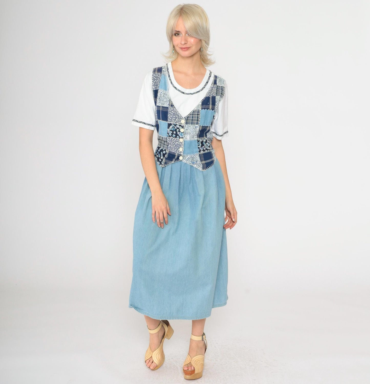 90s Patchwork Denim Midi Dress Floral Checkered Attached Vest Button Up Medium