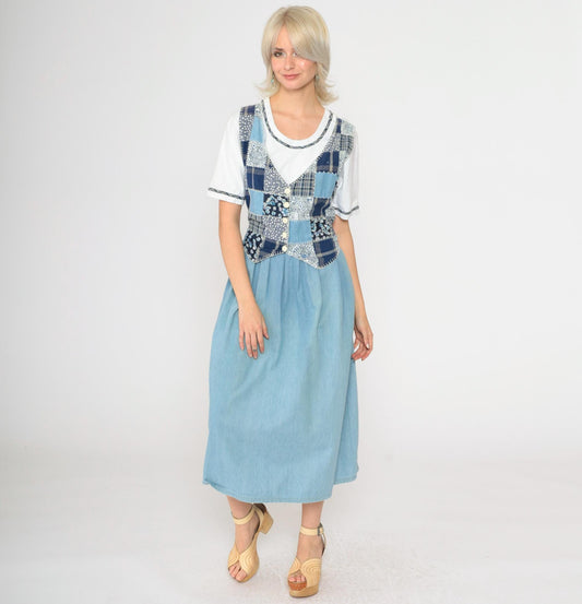 90s Patchwork Denim Midi Dress Floral Checkered Attached Vest Button Up Medium