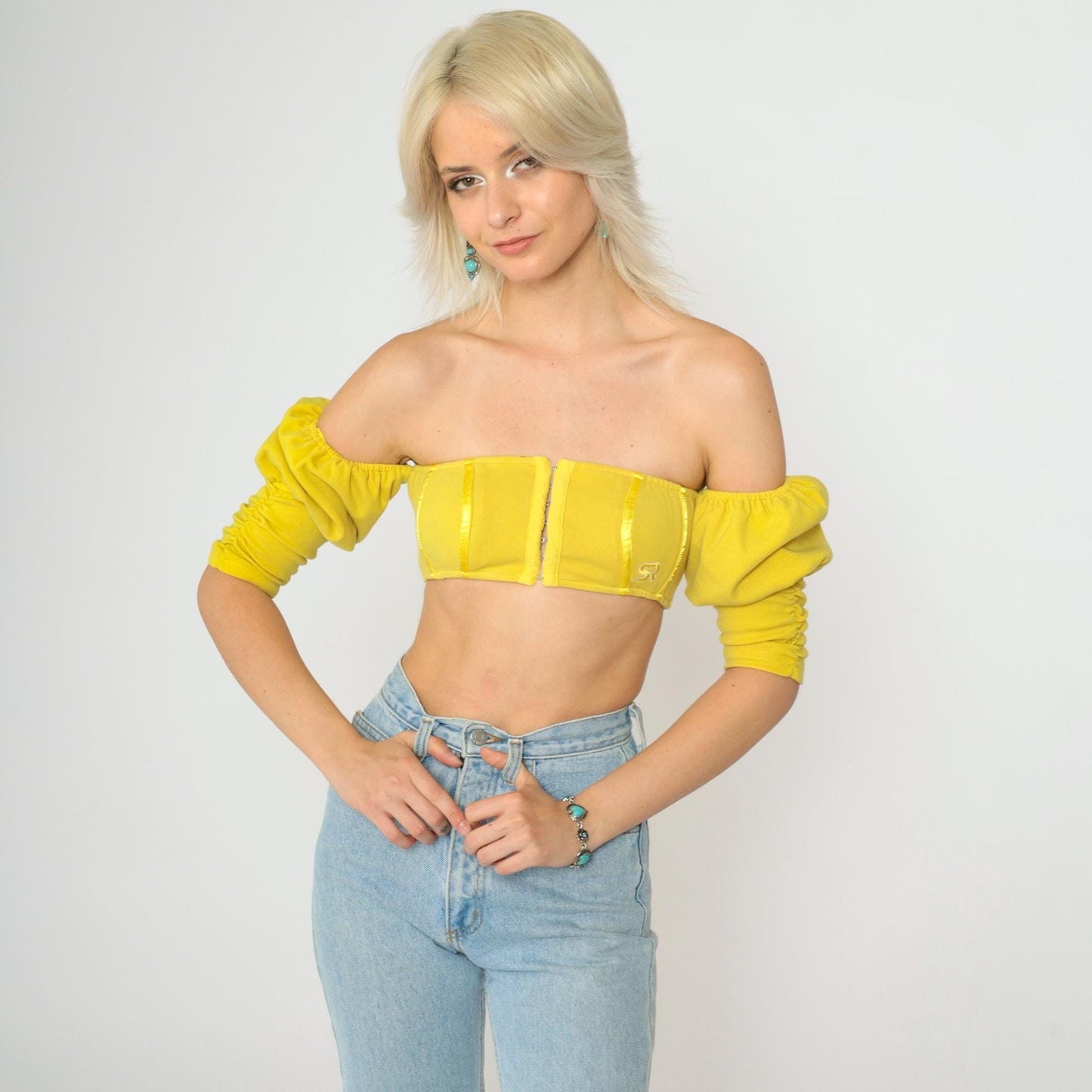 Y2K Yellow Off-Shoulder Crop Top Puff Sleeve Hook Front Extra Small