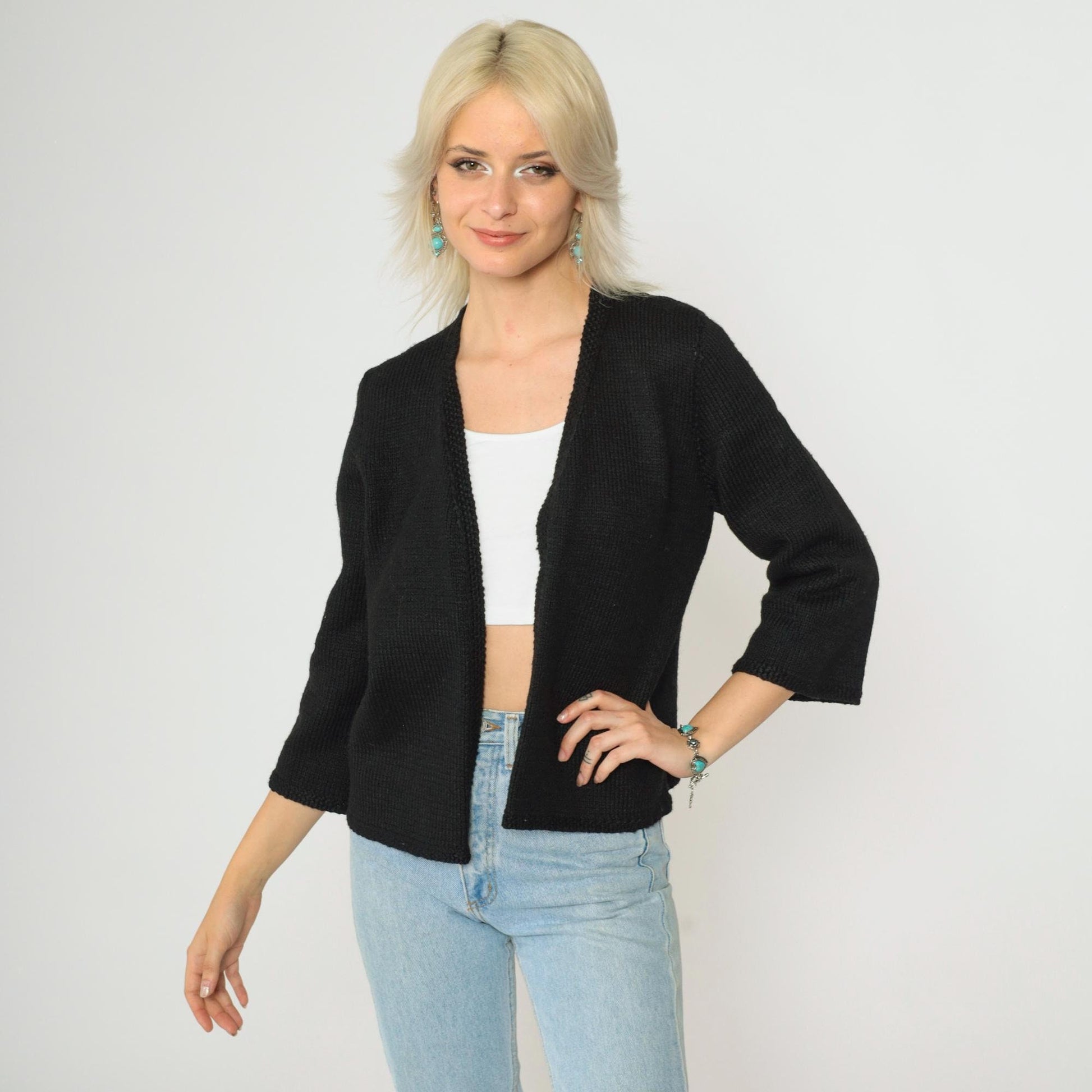 60s Black Wool Cardigan 3/4 Sleeve Open Front Knit Sweater Small