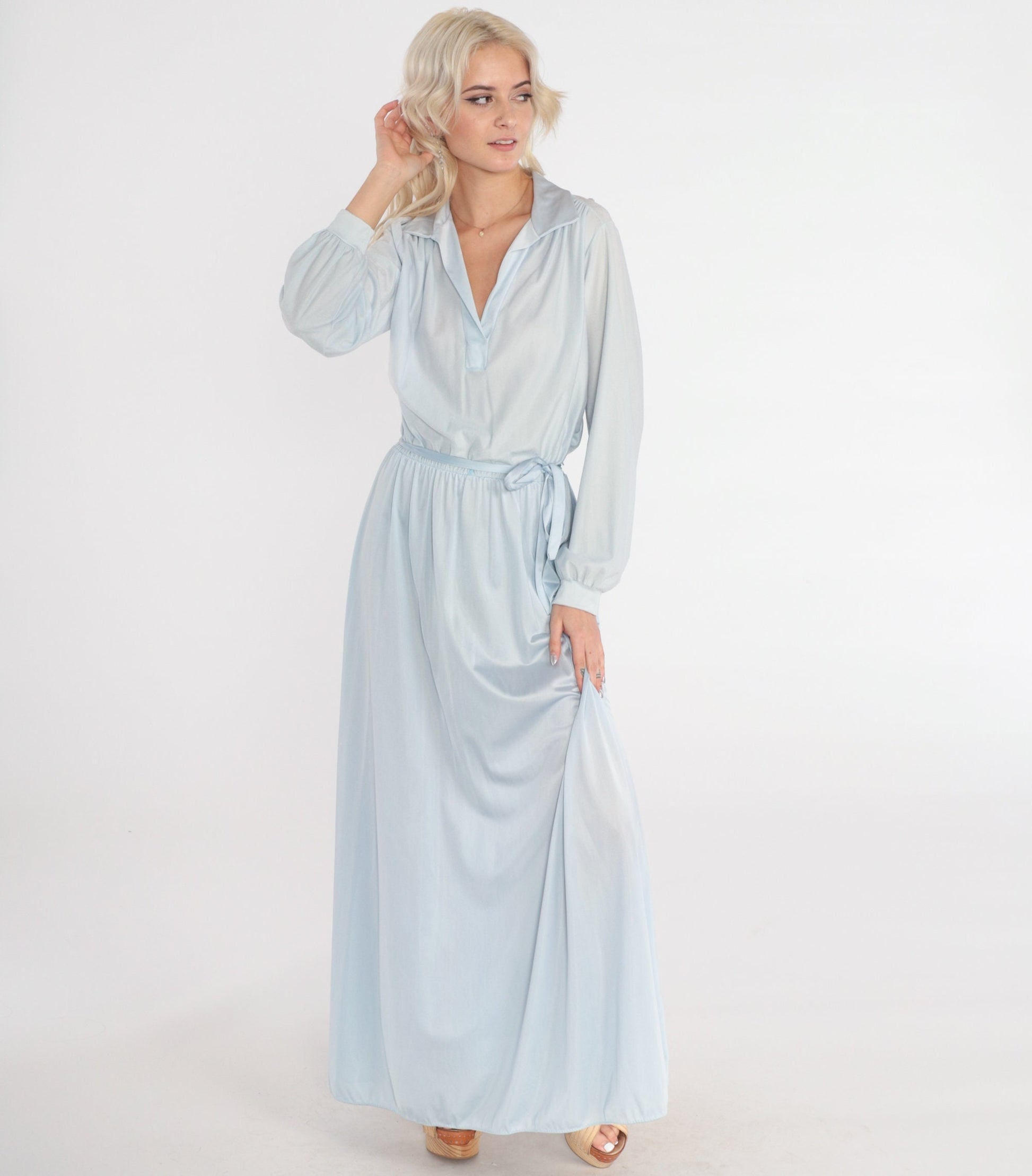 70s Light Blue Maxi Dress Collared V-Neck Long Sleeve High Waisted Medium Large