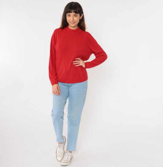 90s Alison Daley Red Cable Knit Mock Neck Sweater Large L