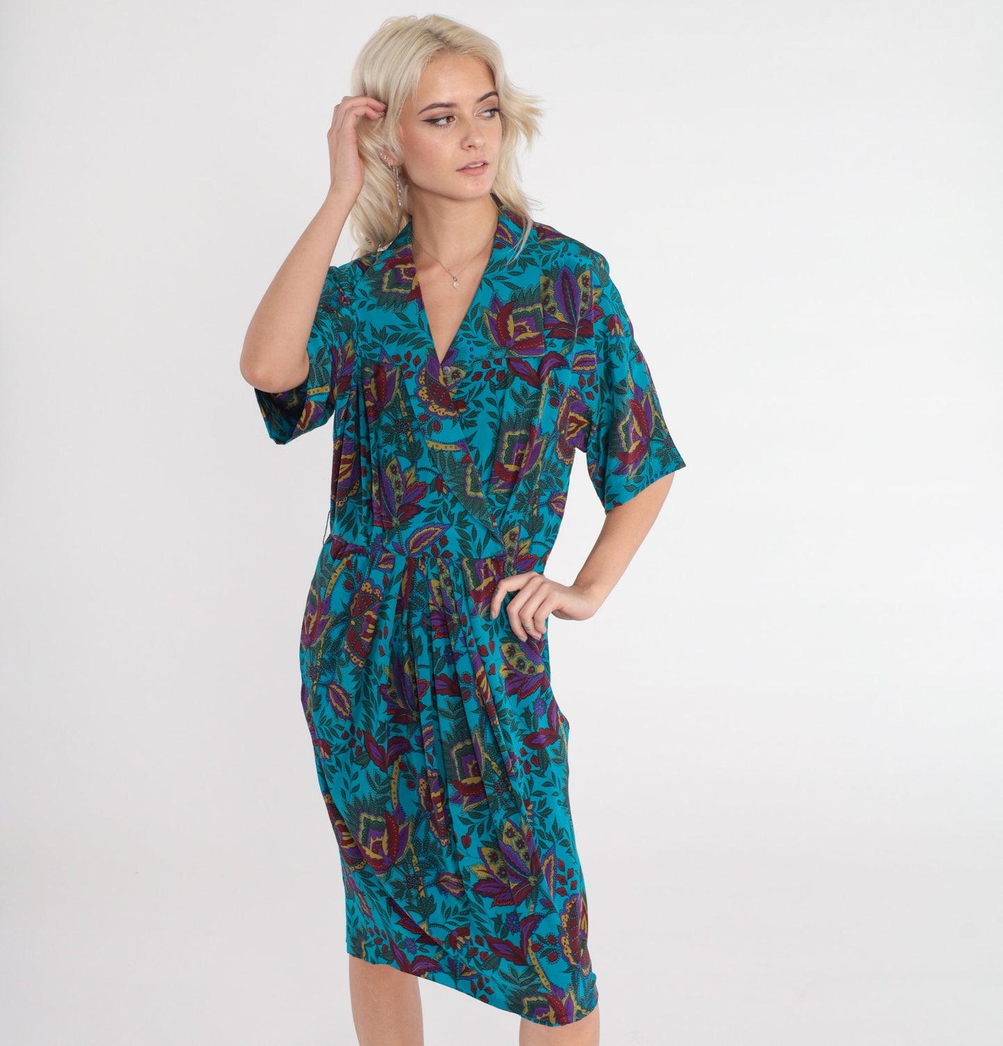80s Blue Silk Floral Midi Dress High Waisted Collared V Neck Small