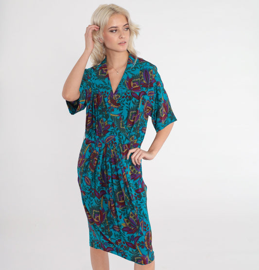 80s Blue Silk Floral Midi Dress High Waisted Collared V Neck Small