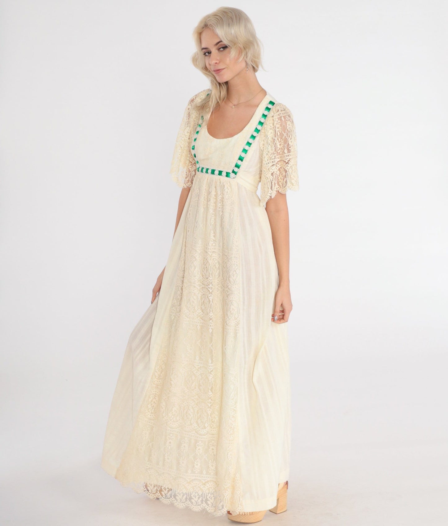 70s Cream Lace Maxi Dress Floral Green Ribbon Empire Waist Bell Sleeve Extra Small
