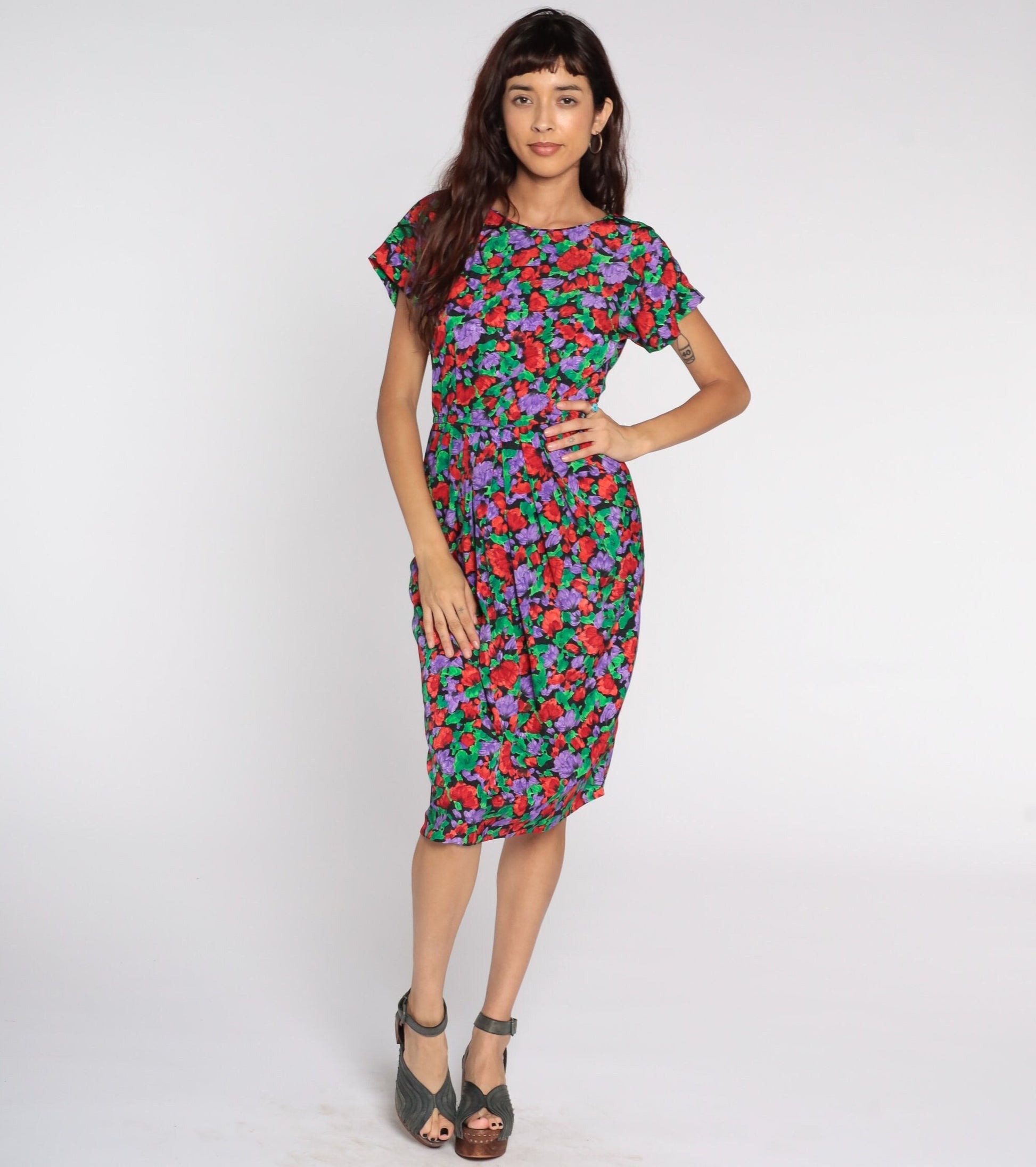 80s Floral Midi Dress High Waisted Pencil Button Back Short Sleeve Small