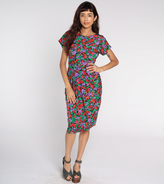 80s Floral Midi Dress High Waisted Pencil Button Back Short Sleeve Small