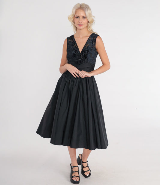 80s Black Velvet Burnout Midi Dress Beaded Rosette V-Neck Lace-Up Back Small