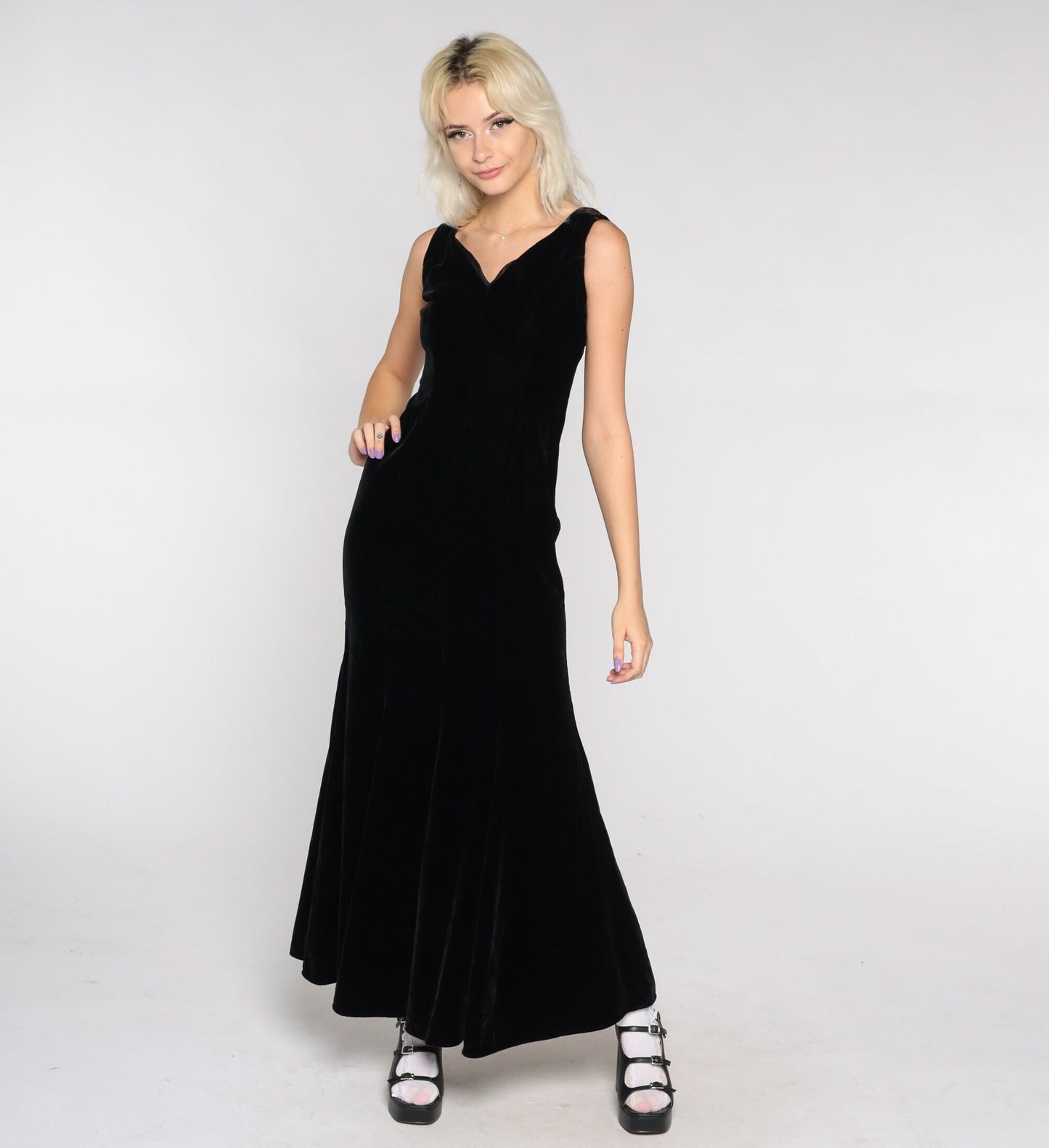 90s Black Velvet Maxi Dress V-Neck Sleeveless Sheath Extra Small