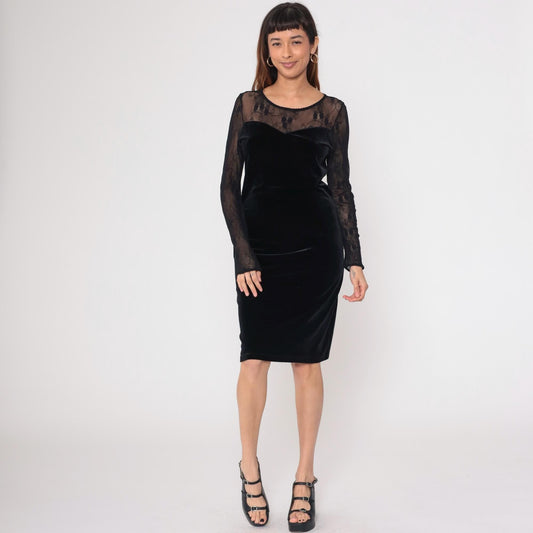 90s Black Velvet Bodycon Midi Dress Lace Illusion Neckline Large L