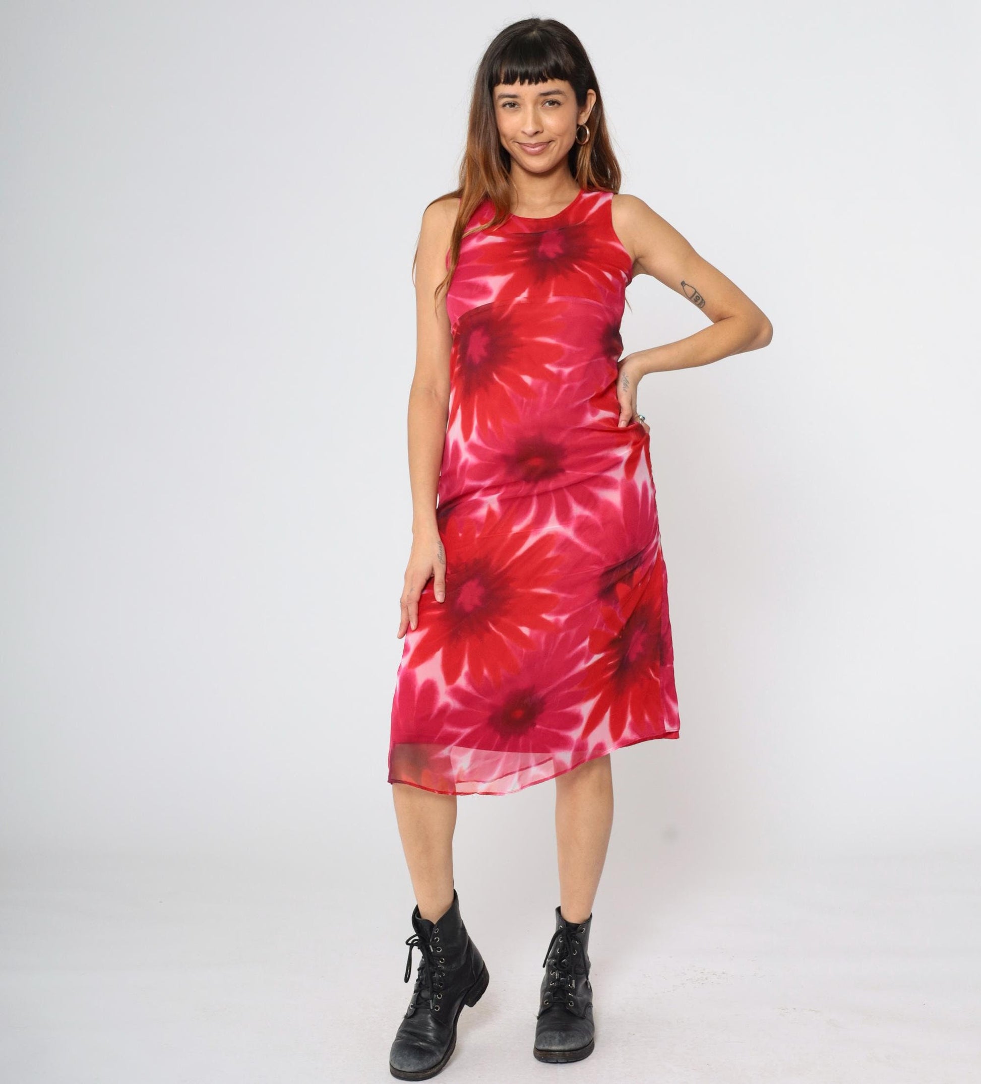 90s Red Pink Floral Midi Dress Empire Waist Sleeveless Round Neck Extra Small