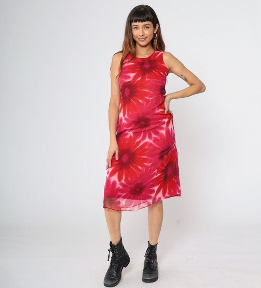 90s Red Pink Floral Midi Dress Empire Waist Sleeveless Round Neck Extra Small