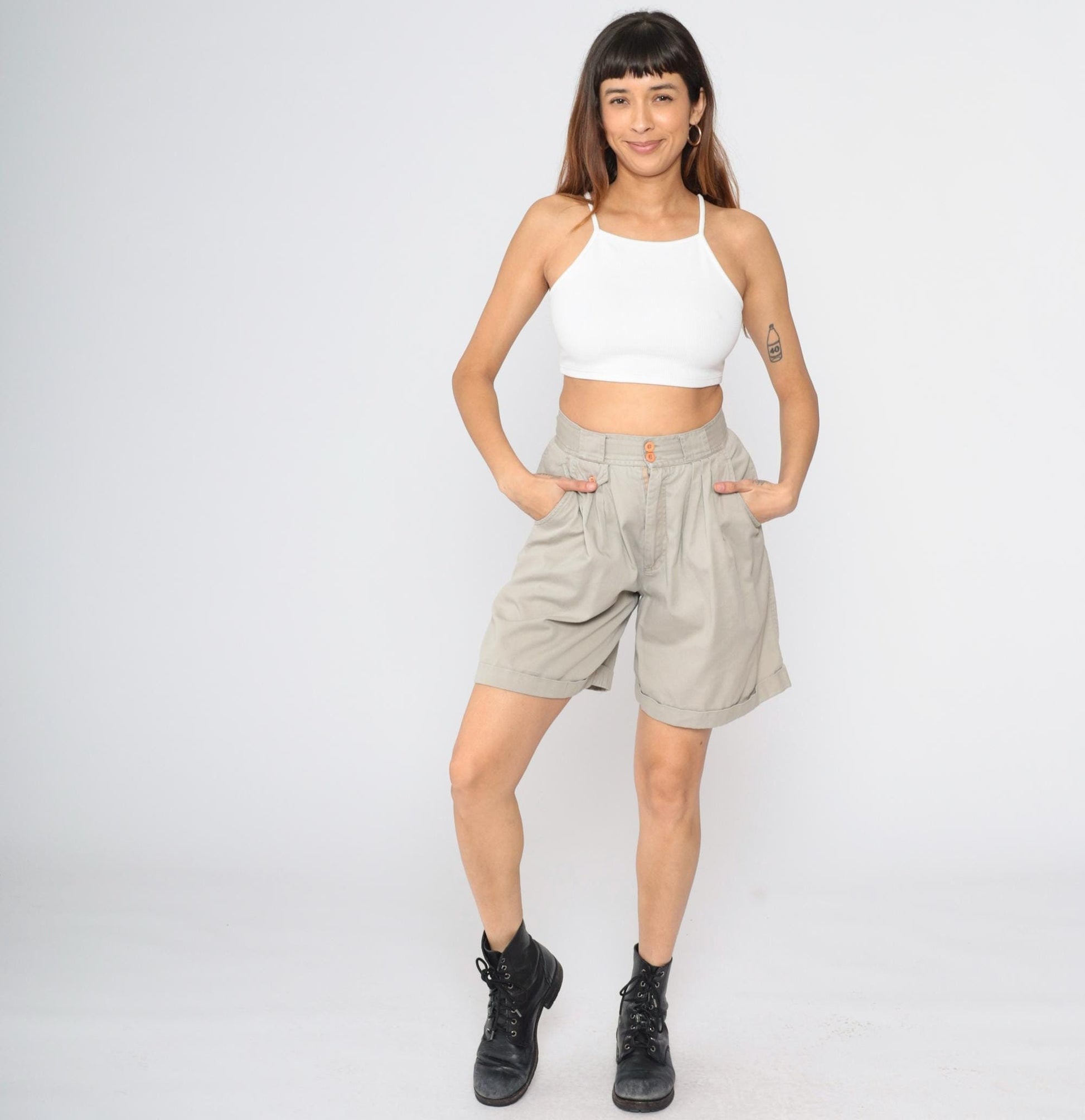 90s Khaki Pleated Shorts High Waisted Trouser Baggy Cotton Small