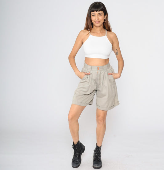 90s Khaki Pleated Shorts High Waisted Trouser Baggy Cotton Small