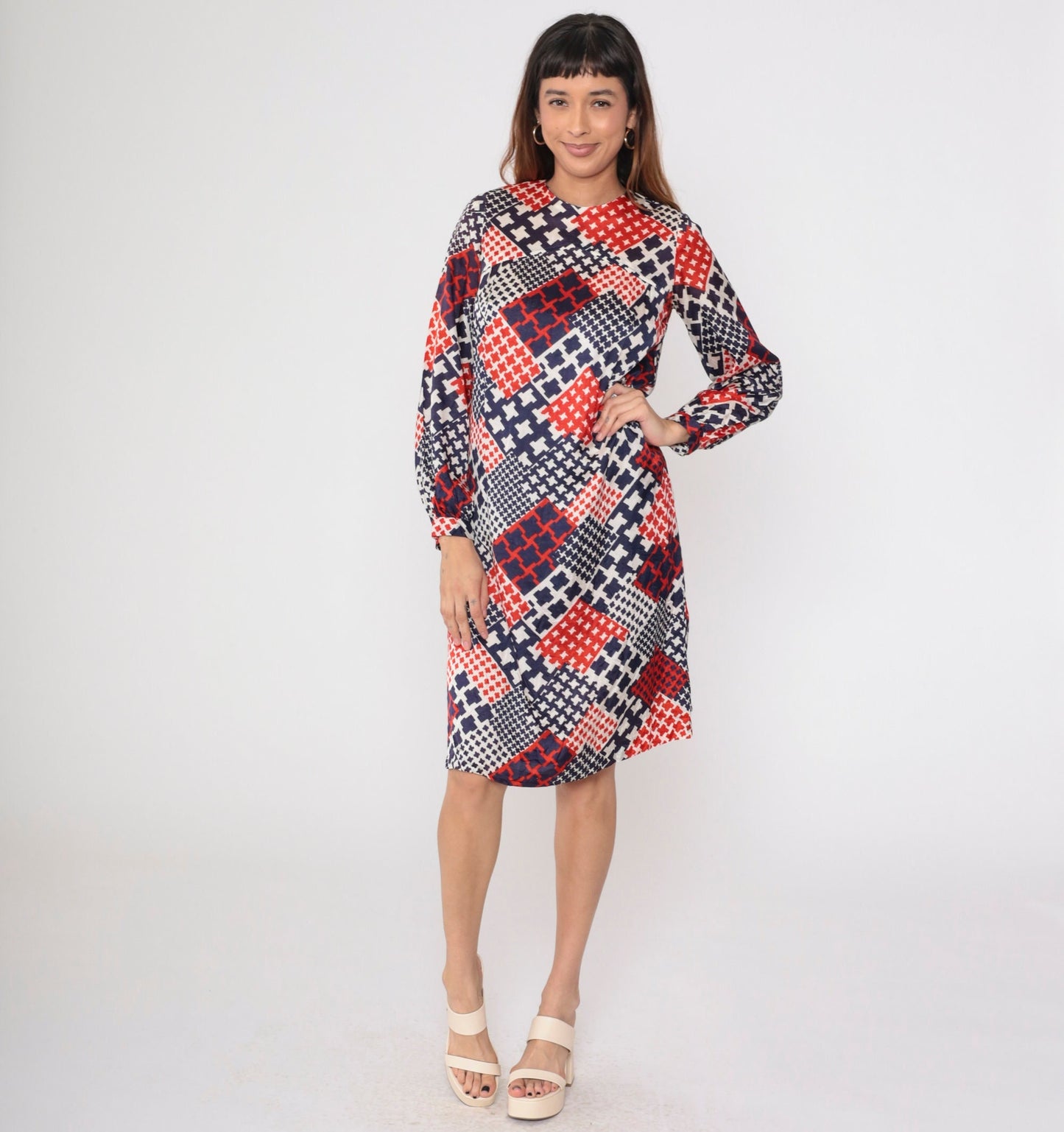 60s Mod Shift Dress Patchwork Houndstooth Red White Blue Small