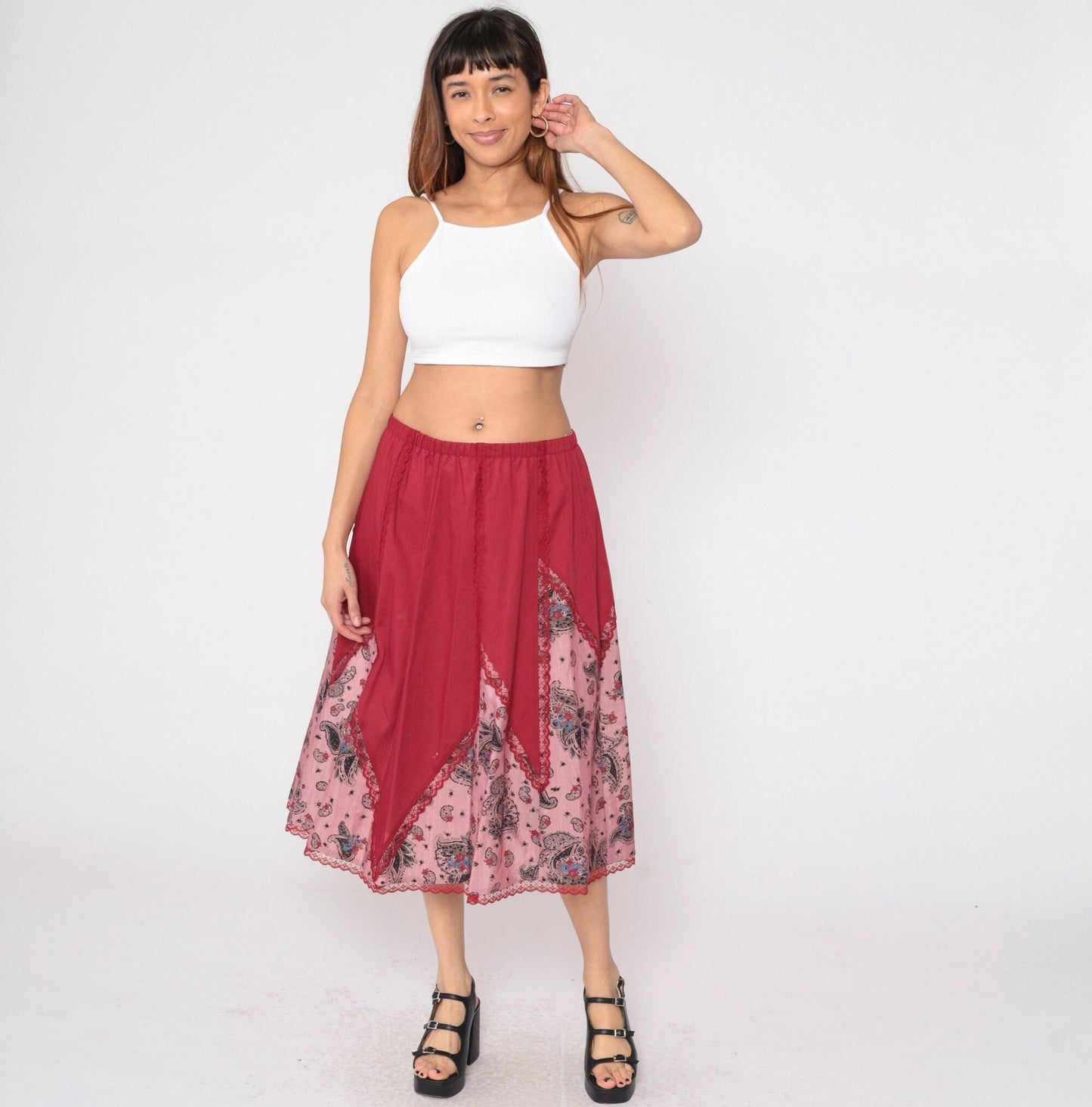 80s Red Paisley Midi Skirt Lace Trim High Waist Elastic Cotton Large