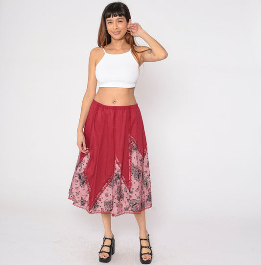 80s Red Paisley Midi Skirt Lace Trim High Waist Elastic Cotton Large