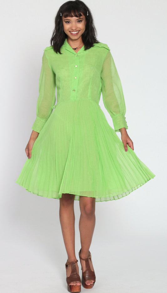 70s Green Sheer Button-Up Dress Pleated High-Waisted Long Sleeve Small