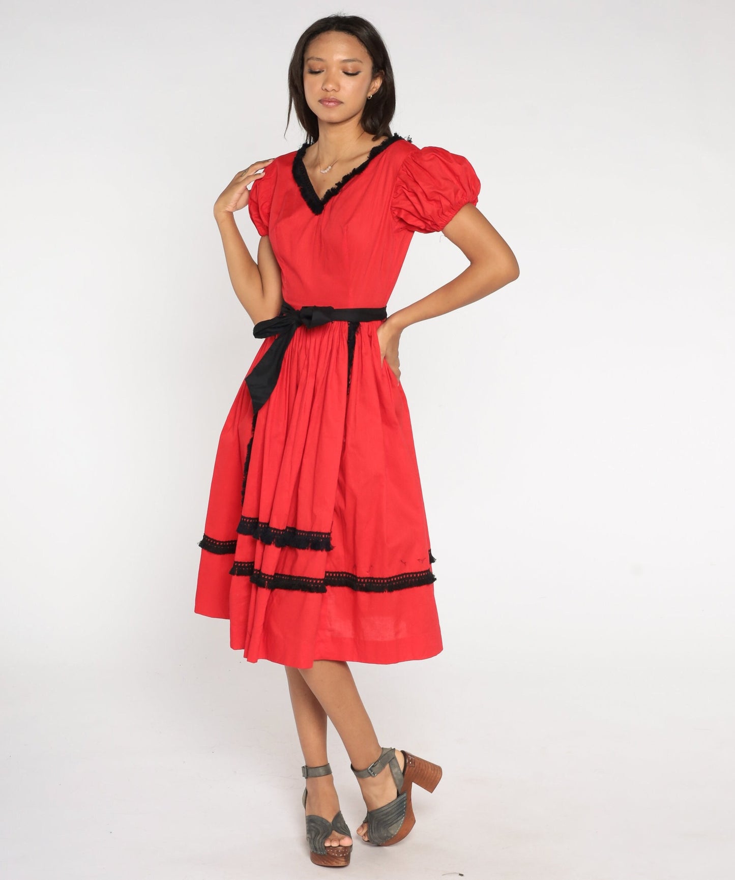 1960s Red Puff Sleeve Midi Dress Black Fringe High Waist Extra Small
