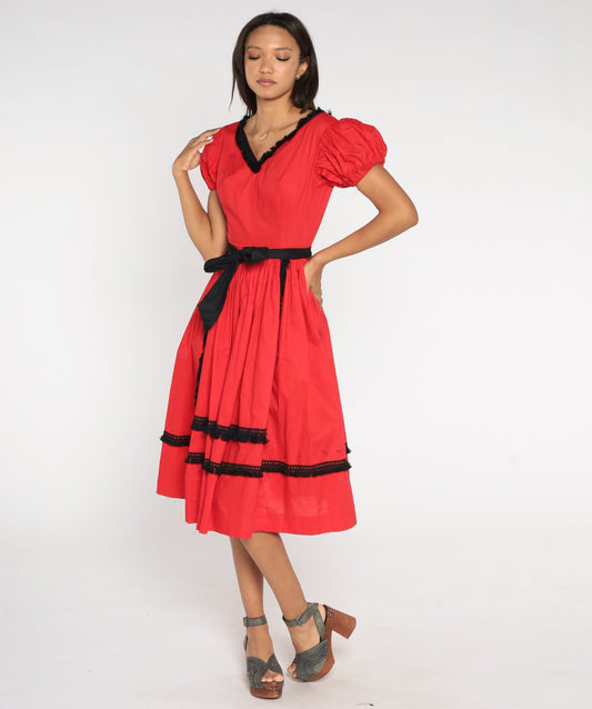 1960s Red Puff Sleeve Midi Dress Black Fringe High Waist Extra Small