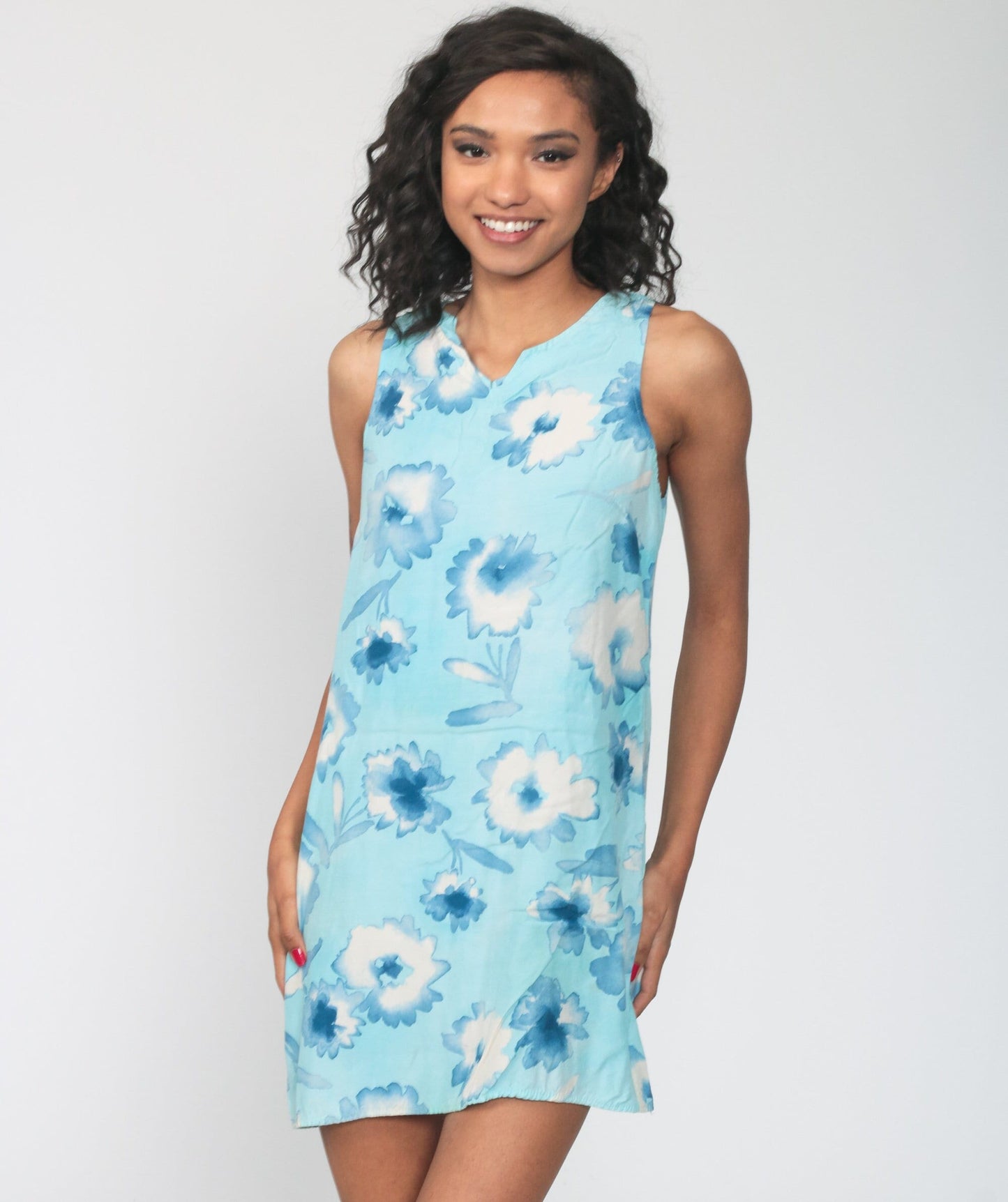 90s Blue Floral Mini Sundress Sleeveless Shift Dress Small