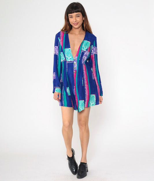 90s Anthony Mark Hankins Floral Striped Button-Up Blouse Deep V Neck Blue Medium