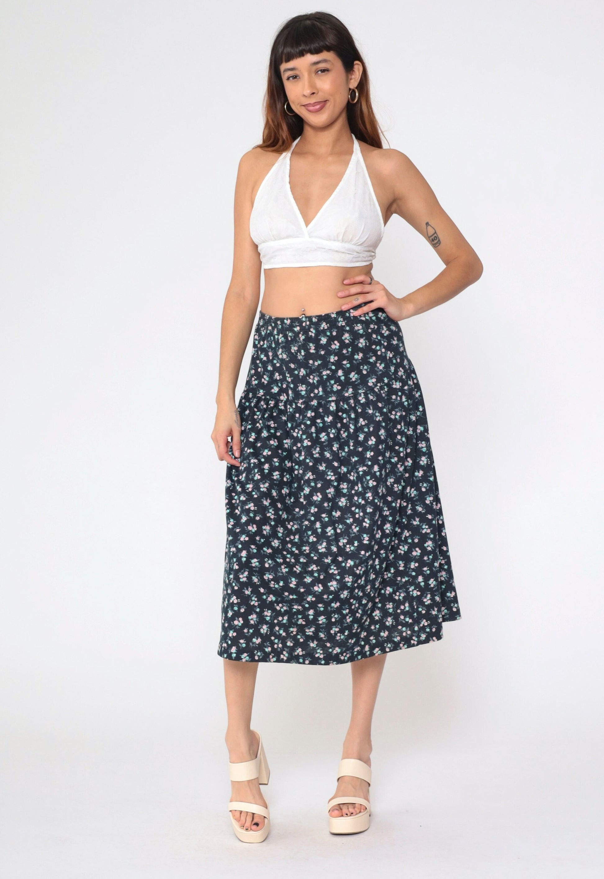 90s Black Floral Midi Skirt High Waist Yoke Calico Print Medium