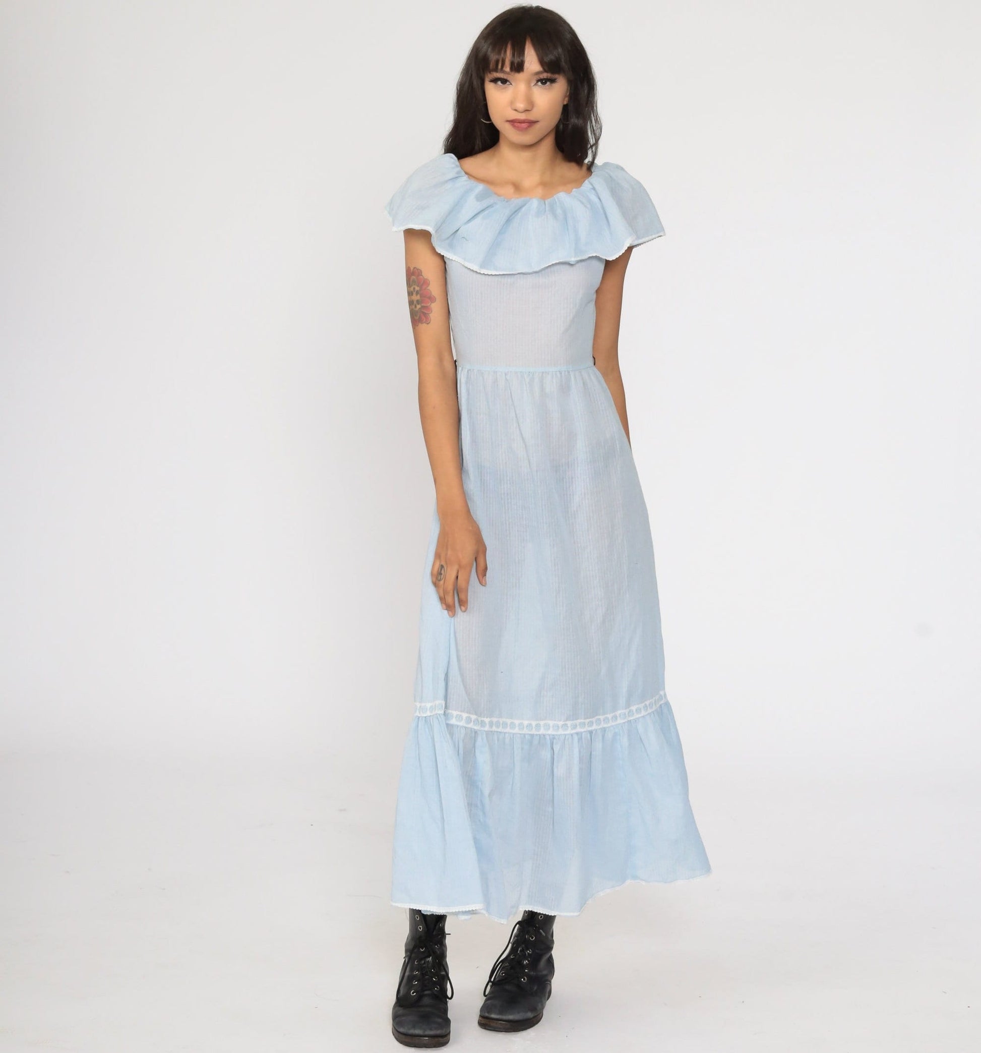70s Blue Striped Peasant Maxi Dress Off-Shoulder Elastic Neckline Extra Small