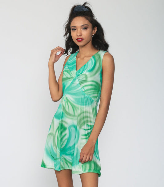 70s Green Floral Empire Waist Mini Dress Sleeveless V-Neck Medium