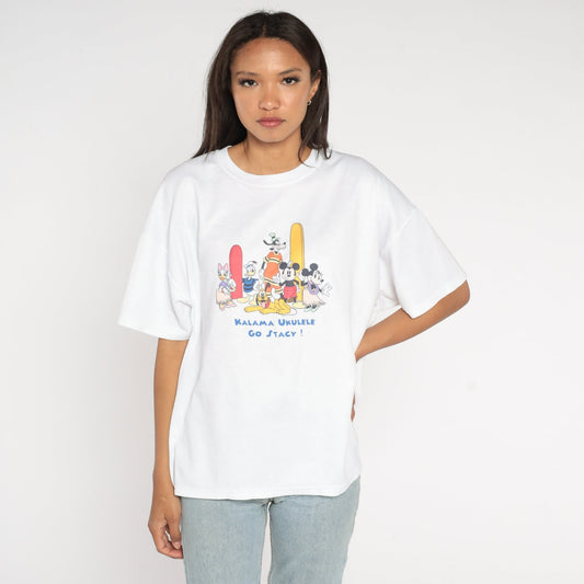 90s Disney Hawaiian Graphic T-Shirt Mickey Minnie Mouse White Extra Large XXL